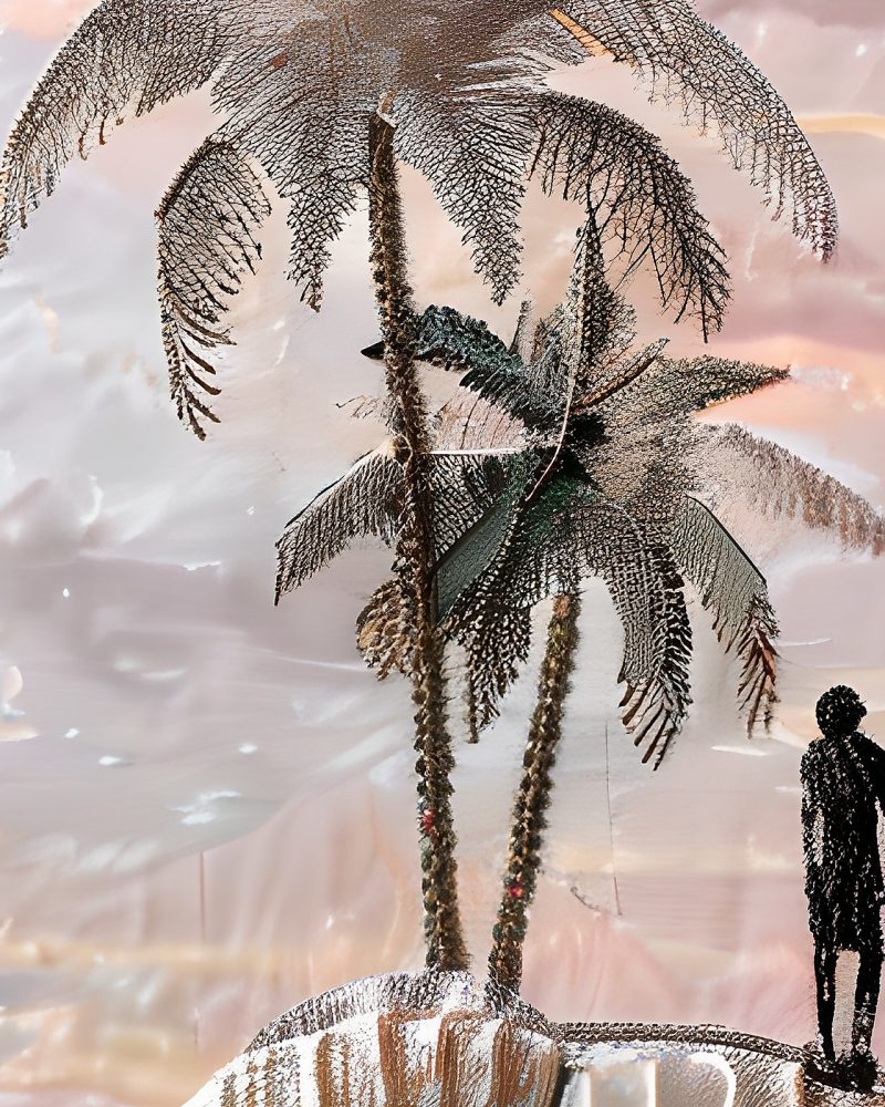 Close-up detail of the artwork in Isle of Reflection - Stitch-Effect Surreal Landscape Wall Art.