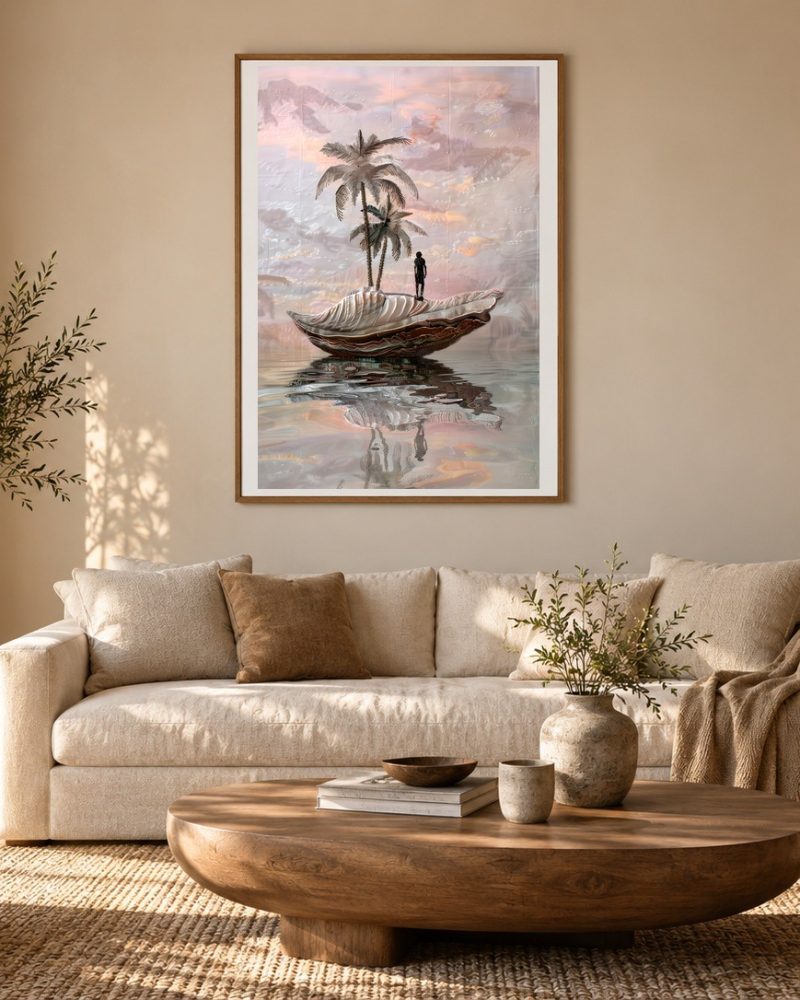Isle of Reflection - Stitch-Effect Surreal Landscape Wall Art artwork displayed in a styled interior room.
