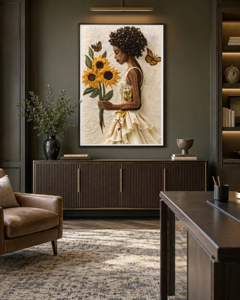 An Elegant artwork displayed in a styled interior room.